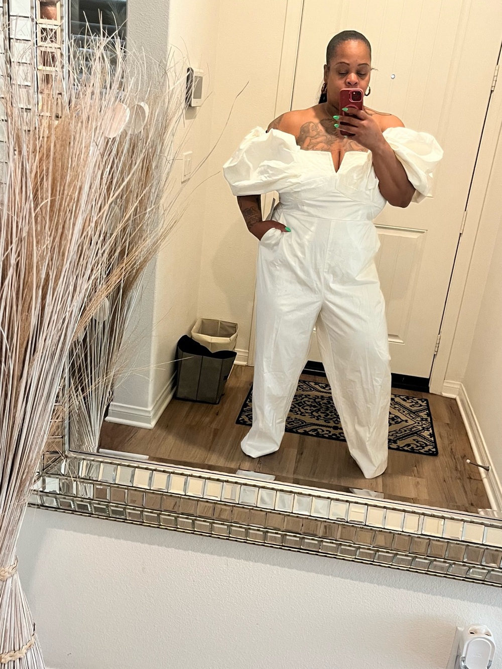 Eloquii White Off-Shoulder Puff-Sleeve Jumpsuit